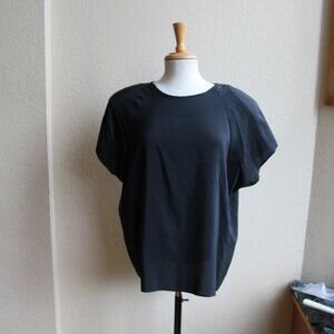 Angela Tong Vintage 80's Black Silk Short sleeve Top Shoulder pads XL 15/16